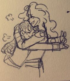 a drawing of two people hugging each other