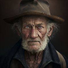 an old man with white hair and blue eyes wearing a brown hat is looking at the camera