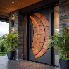 a modern door with an artistic design on the side and plants in large planters next to it