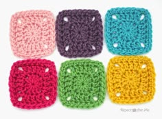 six crocheted squares are arranged in different colors