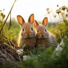 two rabbits are sitting in the grass with their heads touching each other's ears