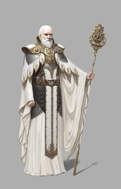 an old man dressed in white and gold holding a staff