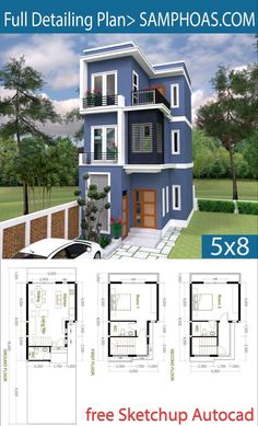 three story house plan with 3 car garages and an attached porch, in the middle of