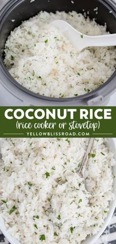 coconut rice in a bowl with a spoon and the words, coconut rice rice cooker or stovetop