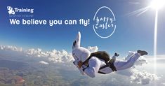 a man is in the air on a parachute with words above him that read, we believe you can fly happy easter