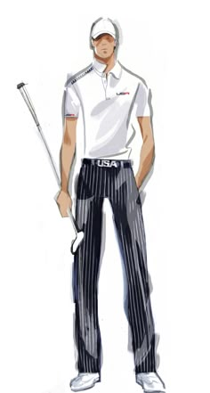 a drawing of a man holding a golf club in his right hand and wearing striped pants