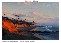 an oil painting of the beach at sunset with palm trees on the cliff and ocean in the background