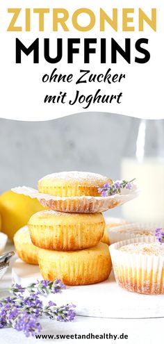 three lemon muffins stacked on top of each other next to a glass of milk