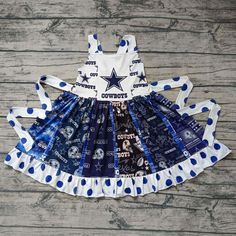 Twirl around in this super cute Dallas Cowboy Dress!  Ties in the back  Dallas Cowboy Polka Dots Helmet  Star Toddler Dallas Cowboy dress Cowboy Dress, Dallas Cowboy, Holiday Dress Outfit, Twirl Dress, Cow Boy, Holiday Dress, Dallas Cowboys, Holiday Dresses, Dallas