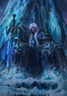 a man with long hair standing in front of a giant ice mountain filled with skulls