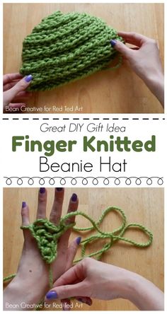 two pictures showing how to crochet the finger knitted beanie hat