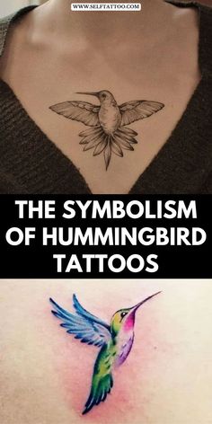 two different tattoos on the back of a woman's chest, one with a hummingbird