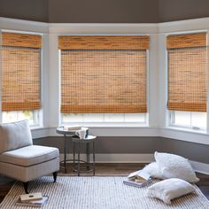 a living room with two windows covered in bamboo blinds and a white rug on the floor