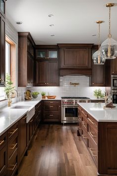 a kitchen with wooden cabinets and white counter tops