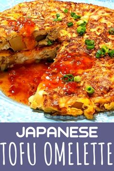 japanese tofu omelette on a blue plate with text overlay