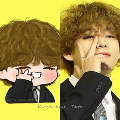 an image of a boy with curly hair and wearing a suit on the side, next to another drawing of him