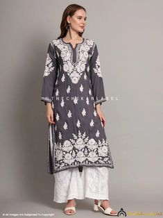 Grey Sanaya Modal Chikankari Straight Kurti Intricate Embroidery, New Launch