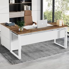 an office desk with a laptop on it and a potted plant in the corner