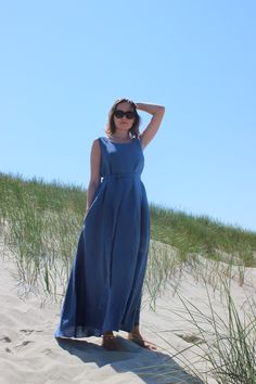 "Maxi summer dress is perfect option for hot day at the beach or city. It's comfortable, loose, airy and easy to wear. This slip on dress is cut in wide, trapeze silhouette with side seam pockets and belt if you want more defined shape. Dress is reversible, you can wear V neck at the back or at the front.  In the second picture you can find size table and choose your size, if you are not sure which size to choose, or can't find your size, please contact me for details or advice. I have 15 years Summer A-line Maxi Dress For Beach Season, Relaxed Fit A-line Maxi Dress For Summer, Relaxed Fit Unlined Sundress Maxi Dress, A-line Maxi Dress For Beach Season, Summer Linen A-line Maxi Dress, Linen A-line Maxi Dress For Beach, Blue Linen Summer Dress For Vacation, Blue Linen Summer Dress For Day Out, Blue Linen Dress For Summer Day Out