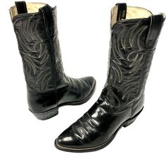 "Add me to your Favorites Seller's List Features: * Style: Cowboy Western * Closure: Pull On * Riding Boots * Solid * Made in United States * Decade: 1970 - 80's Size: Mens 10.5 1/2 D Measurements Length \" from heel to toe( measured against the wall) 11.75 in / 30 cm width at widest point 4 in / 10 cm Heel 2 in / 5 cm Shaft: 12 in / 30 cm Calf Diameter 14 in / 36 cm Condition: Pre-Owned Good Good Condition, lightly distressed. These soles rate a 9 on a scale 1-10. These boots have been thoroughly cleaned.  Please measure your own boots and compare it to the measurements of the item you are interested in." Men Leather Boots, Square Toe Cowboy Boots, Ankle Cowboy Boots, Western Boots For Men, Warm Snow Boots, Mens Boots Casual, Mens Ankle Boots, High Top Boots, Western Rodeo