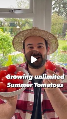 a man in a straw hat holding tomatoes and text that reads growing unlimted summer tomatoes