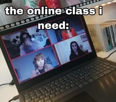 a laptop computer sitting on top of a desk next to a book shelf filled with books