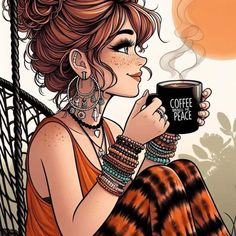 a drawing of a woman holding a coffee cup