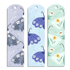 three bookmarks with flowers and butterflies on them, one has an umbrella in the middle