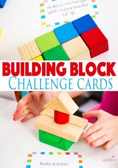 the building block challenge cards are made with wooden blocks and colored construction paper to help children learn