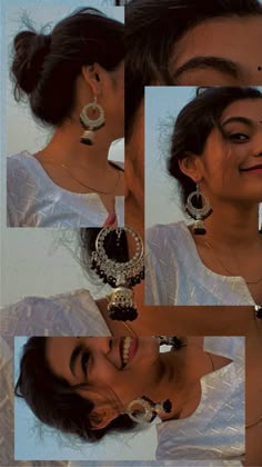 a collage of photos shows a woman wearing earrings and smiling at the camera with her hand on her hip