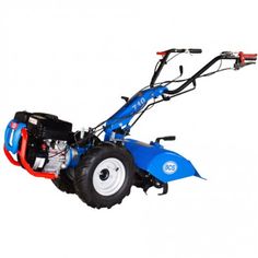 an image of a blue and red tractor with wheels on it's front end