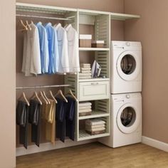 a washer and dryer sitting next to each other in front of a closet