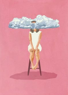 a person sitting on a stool with a cloud over their head in front of them