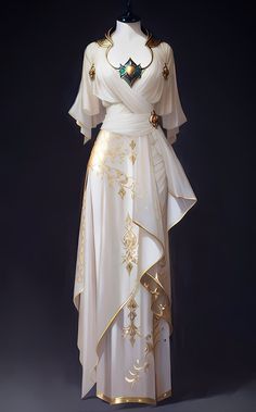 Star Wars Fashion Gowns, Angelic Fantasy Clothing, White And Gold Elf Dress, Mid Evil Clothing, Mythical Outfits Women, Priestess Aesthetic Outfit, White Gold Fantasy Dress, Fancy Fantasy Outfits, Athena Outfit Aesthetic