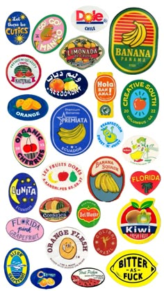 many different types of stickers on a white background, including bananas and other fruits