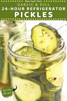 pickled cucumbers in mason jars with text overlay reading 24 hour refrigerator pickles