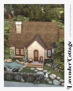 an artist's rendering of a small house in the middle of a wooded area