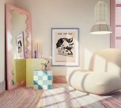 a white chair sitting next to a window on top of a rug in a room