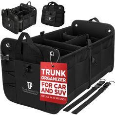 trunk organizer for cars and suvs with 3 separate dividers, black canvas bag