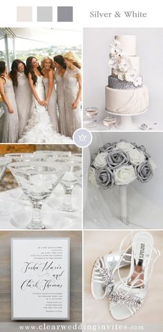 a collage of wedding pictures with white and gray colors