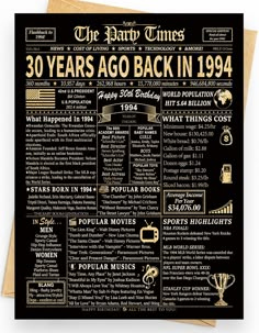 the back in 1994 poster with gold lettering on black paper and brown envelope, which reads 30 years ago back in 1994