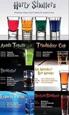 a poster with different colored shots in it's glasses and the names of each shot