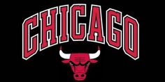 the chicago bulls logo is shown on a black background with red and white letters that read,