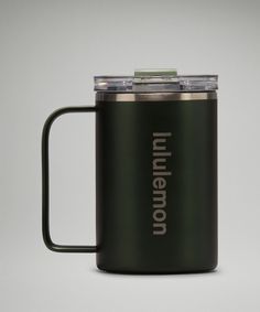 a black coffee mug with the words unimen on it is shown in front of a gray background