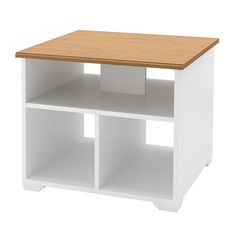 a white and wood shelf with two open compartments on each side, in front of a white background