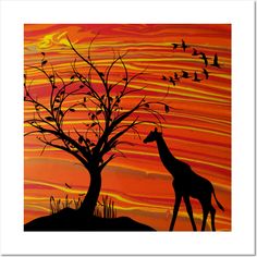 a giraffe standing next to a tree with birds flying over it at sunset