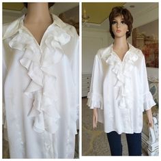 "Ruffle blouse ivory blouse ivory Ruffle shirt 3XL boho shirt womens shirt classic blouse pirate blouse poet shirt poet blouse evening blous Please refer to photos for details of condition. Condition: very good vintage Measurements : Length: 71 cm/28\" Sleeve : 43 cm/17\" Shoulder to shoulder: 47 cm/18.5\" Bust: 140 cm/55\" Waist 140 cm/55\" Tag Size: D/NL -52 F/B-54 GB26R I-58 note The color on the pictures may vary due to monitor settings and light reflections. Ready to ship Please do not hesi Elegant V-neck Shirt For Spring, Wedding V-neck Blouse With Ruffles, Elegant Flowy Tops For Party, Flowy Elegant Party Tops, Elegant Flowy Tops For Spring, Feminine Long Sleeve Tops For Wedding, Elegant Spring Wedding Blouse, Spring Long Sleeve Shirt With Lace Trim, Elegant Ruffled Shirt For Spring