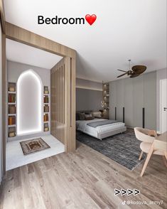 a bedroom with a bed, desk and bookcases in it's center