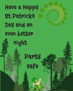 a st patrick's day card with a cartoon lepreite running through the forest