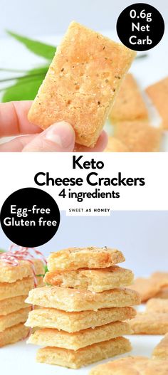 a person holding up a cracker with the words keto cheese crackers on it